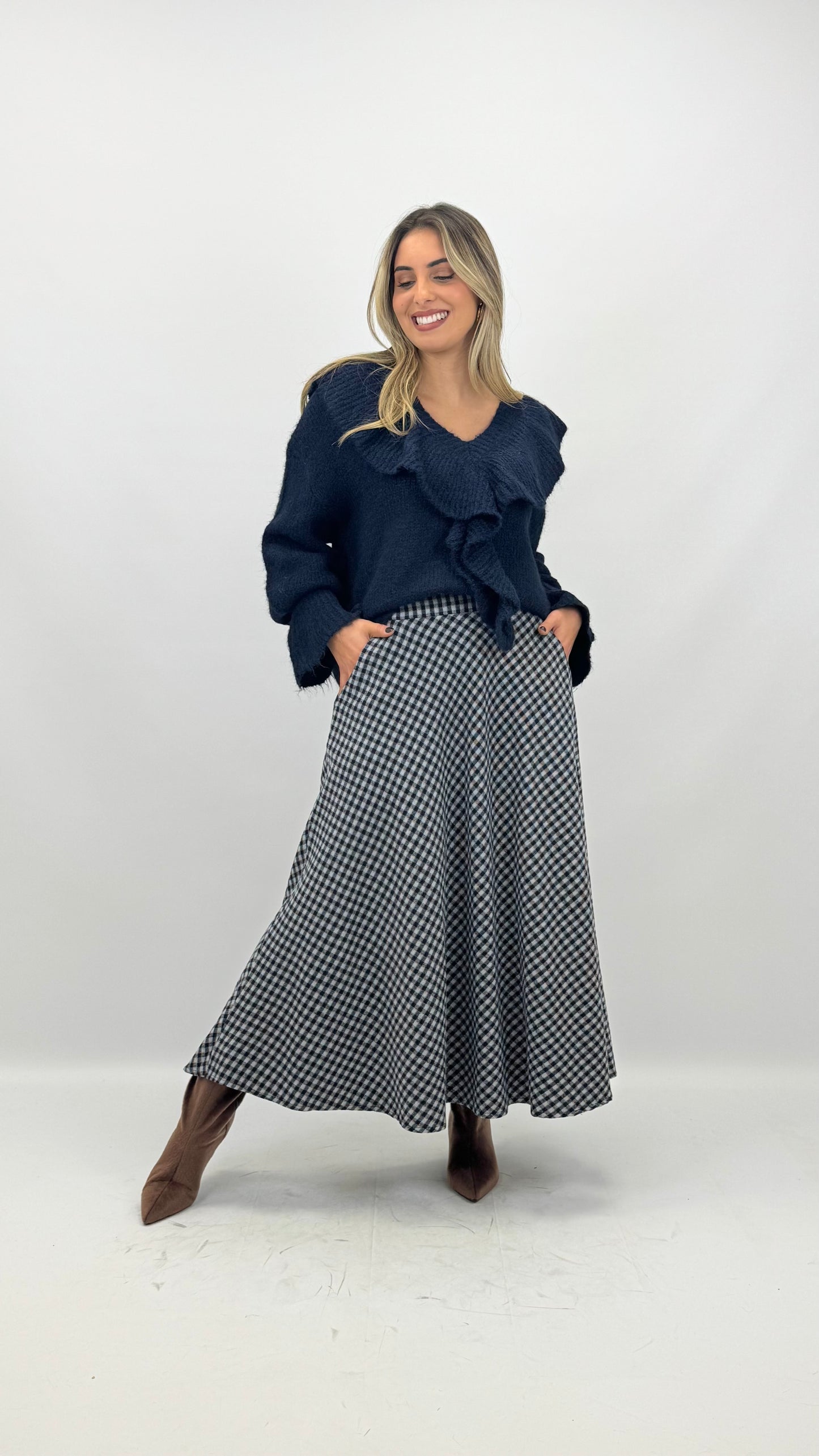 Saia fazenda vichy tons azul-marinho e azul-bebé