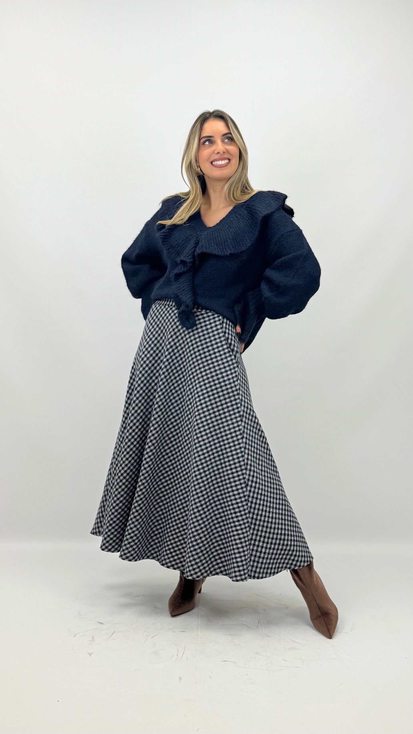 Saia fazenda vichy tons azul-marinho e azul-bebé