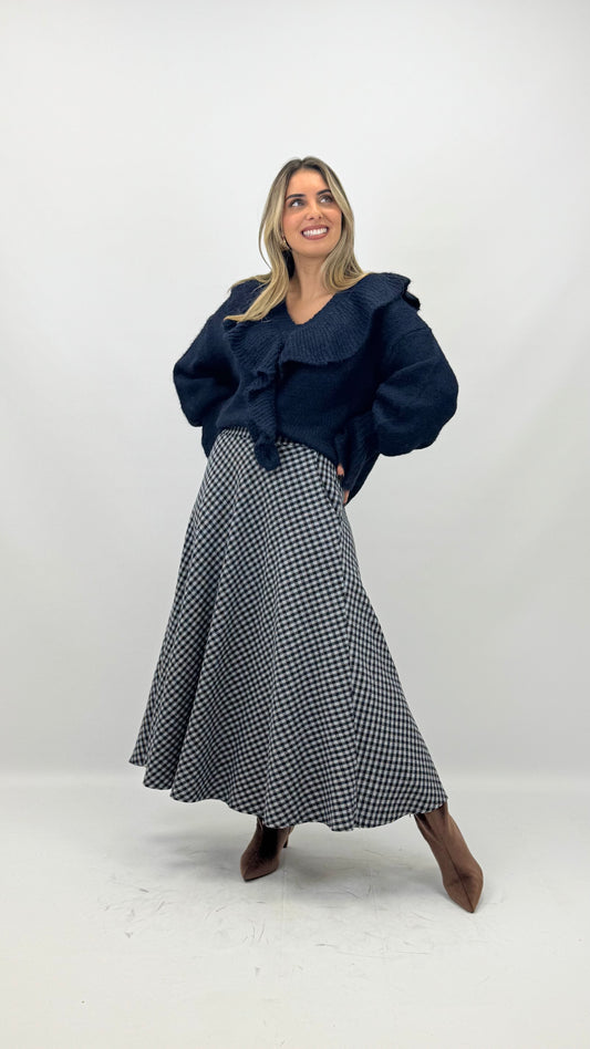 Saia fazenda vichy tons azul-marinho e azul-bebé