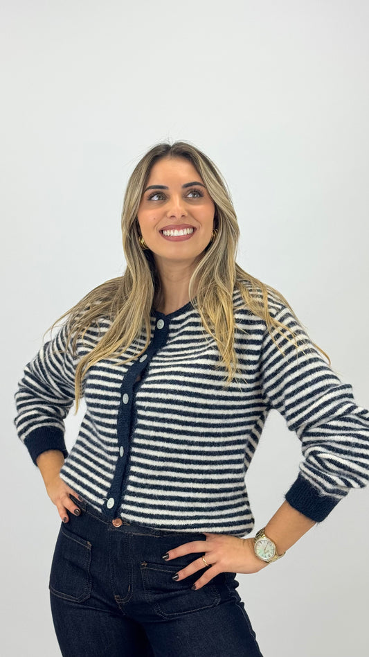 Casaco/camisola malha fofa risca azul-marinho e pérola