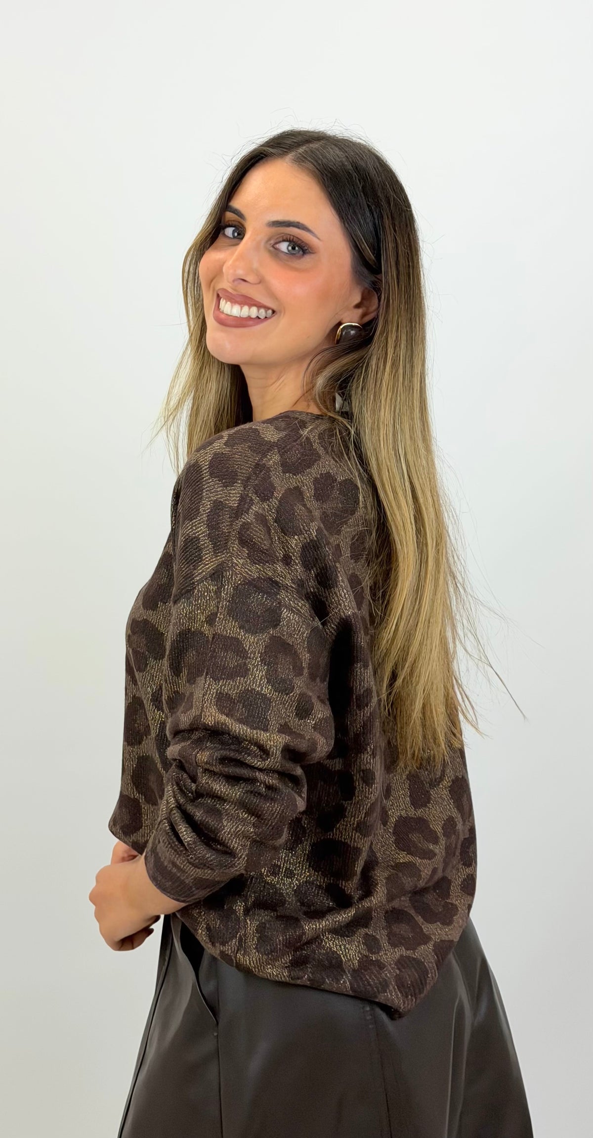 Camisola malha animal-print castanho e bronze