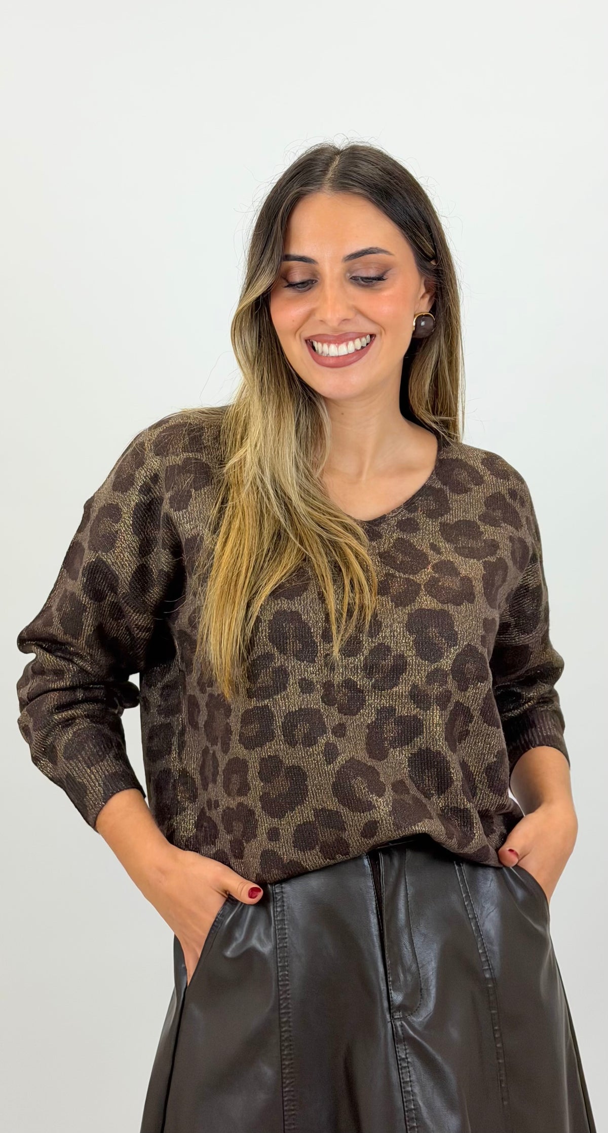 Camisola malha animal-print castanho e bronze