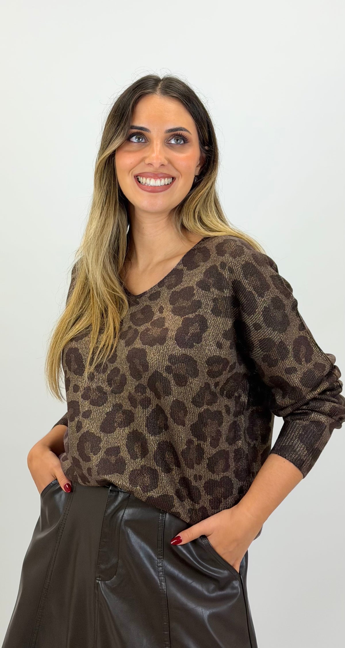 Camisola malha animal-print castanho e bronze