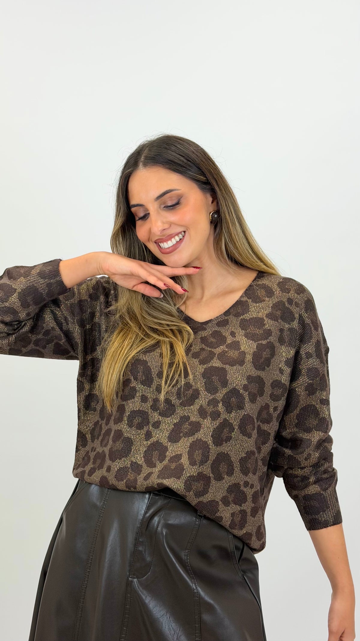 Camisola malha animal-print castanho e bronze