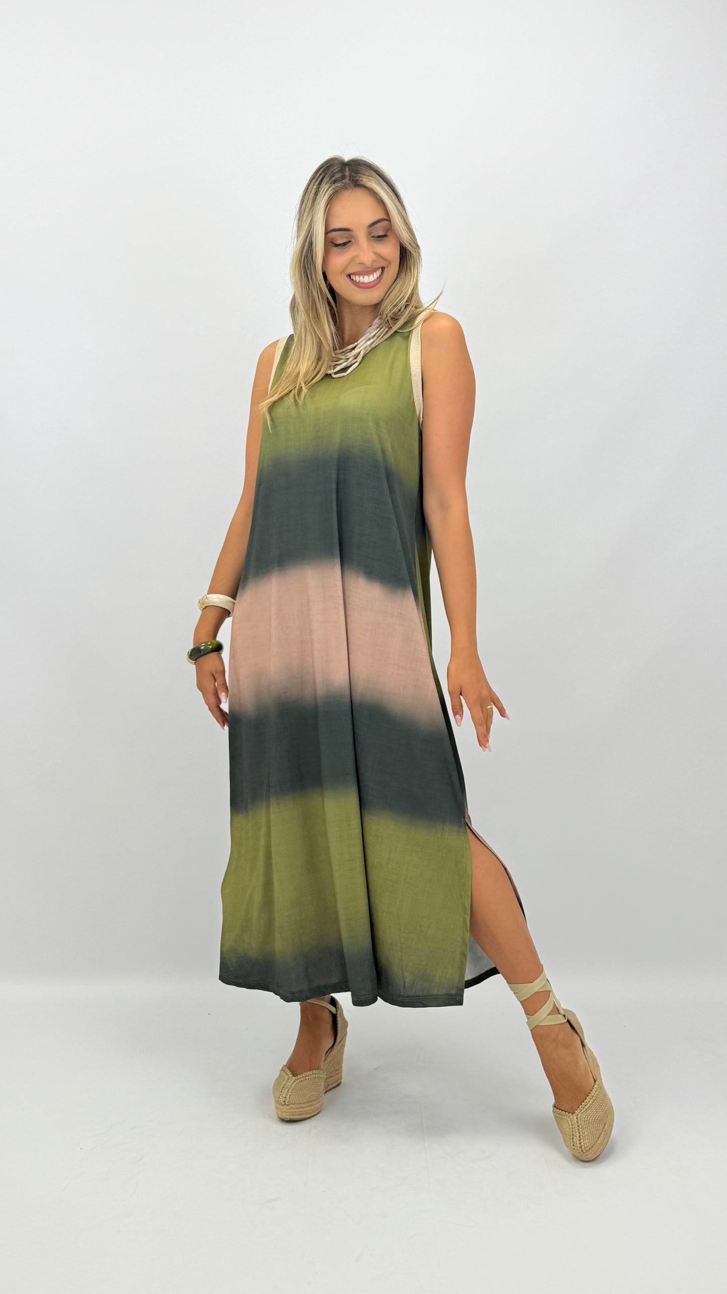 Vestido malha-fria degradé tons verde