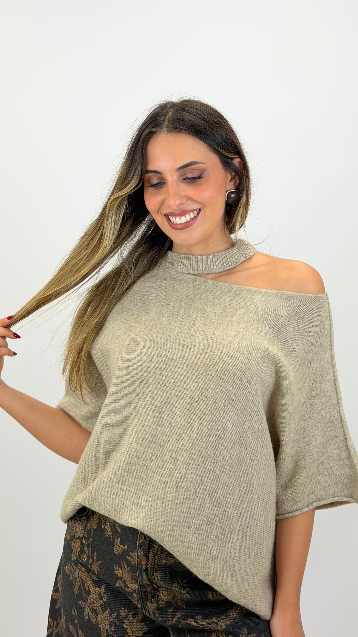 Camisola malha fofa manga 3/4 bege
