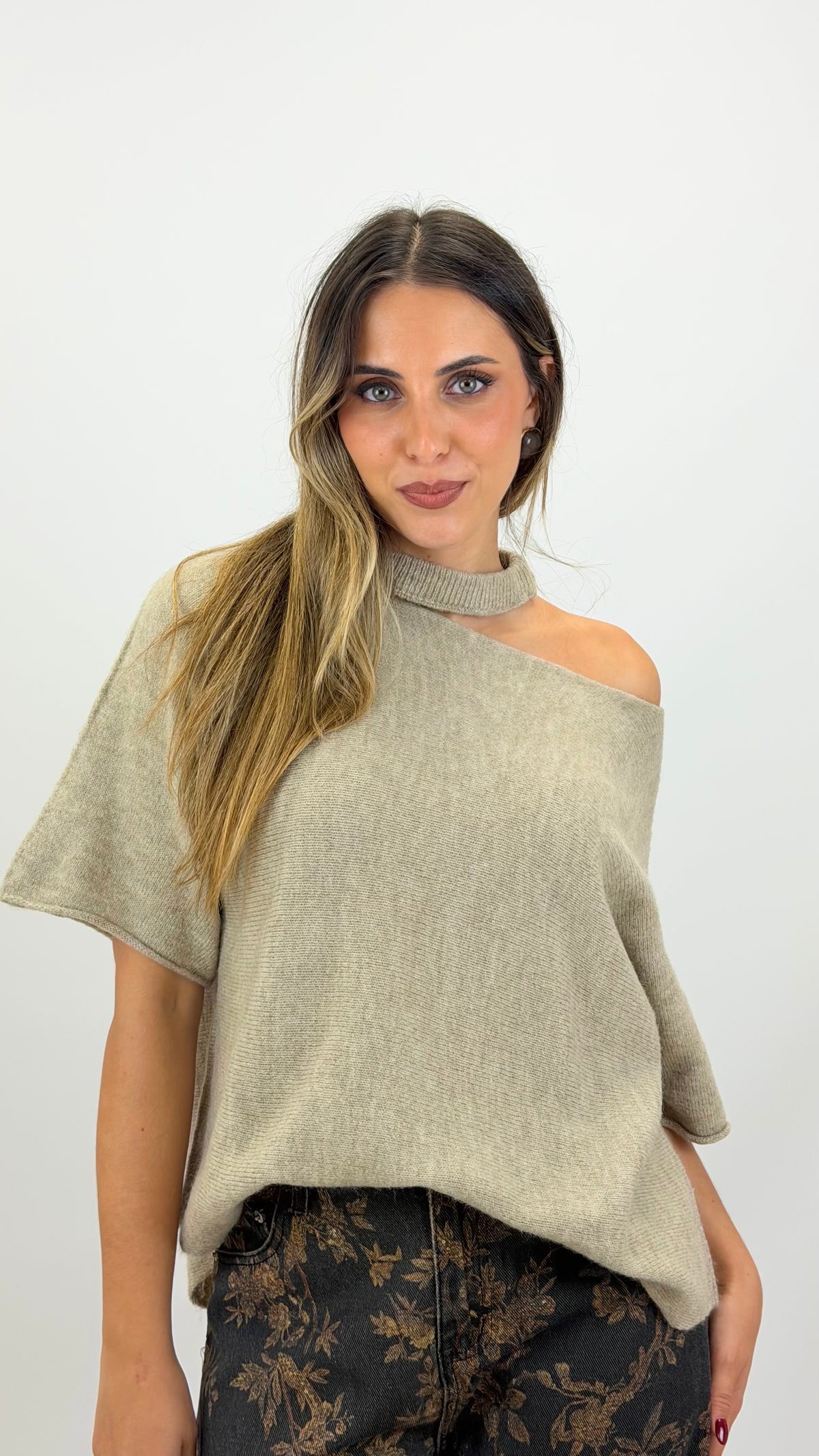 Camisola malha fofa manga 3/4 bege
