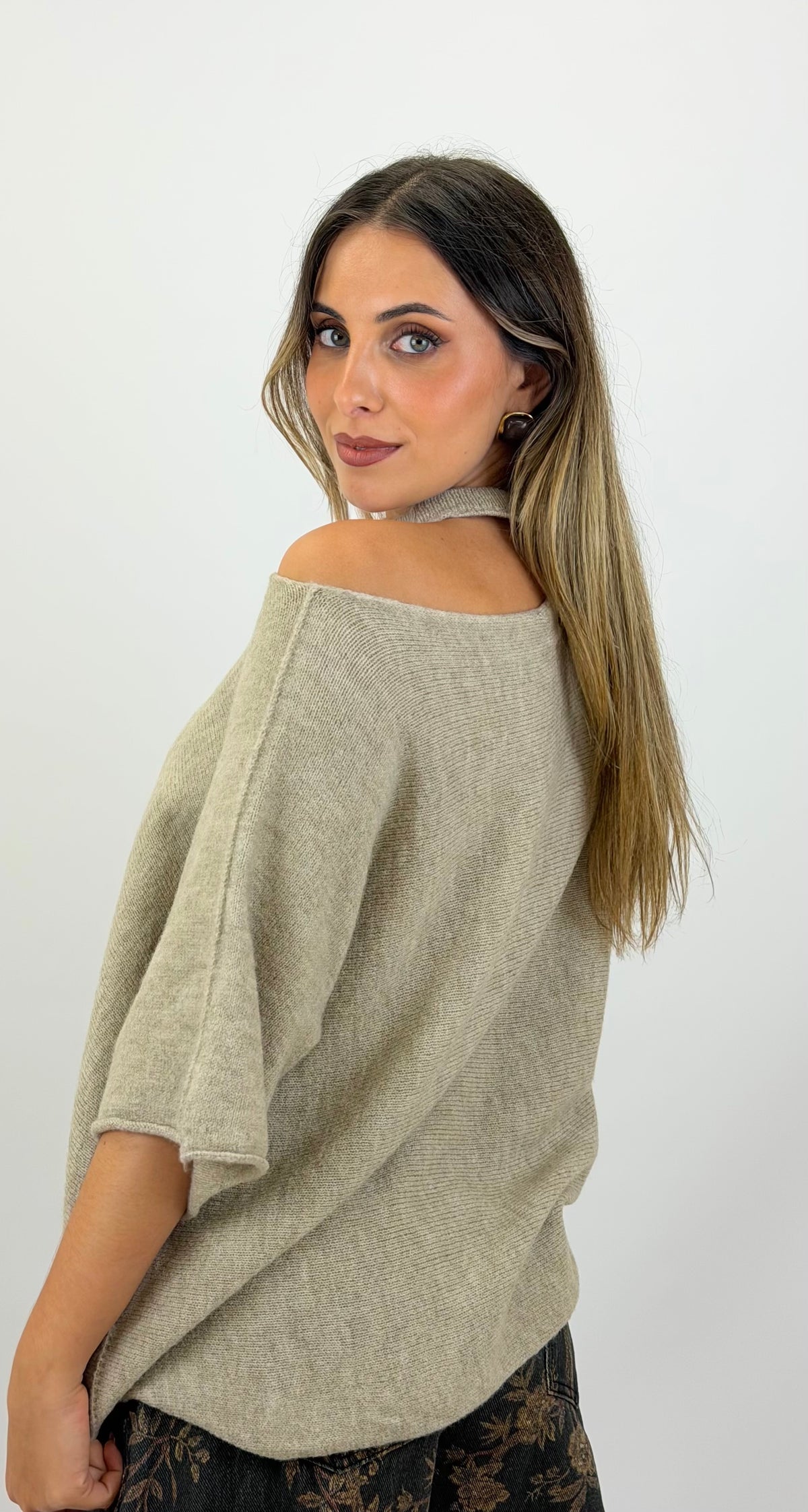 Camisola malha fofa manga 3/4 bege