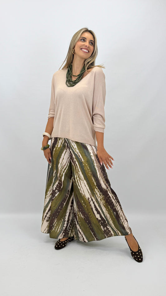 Saia-calça estampado abstrato tons verde e castanho