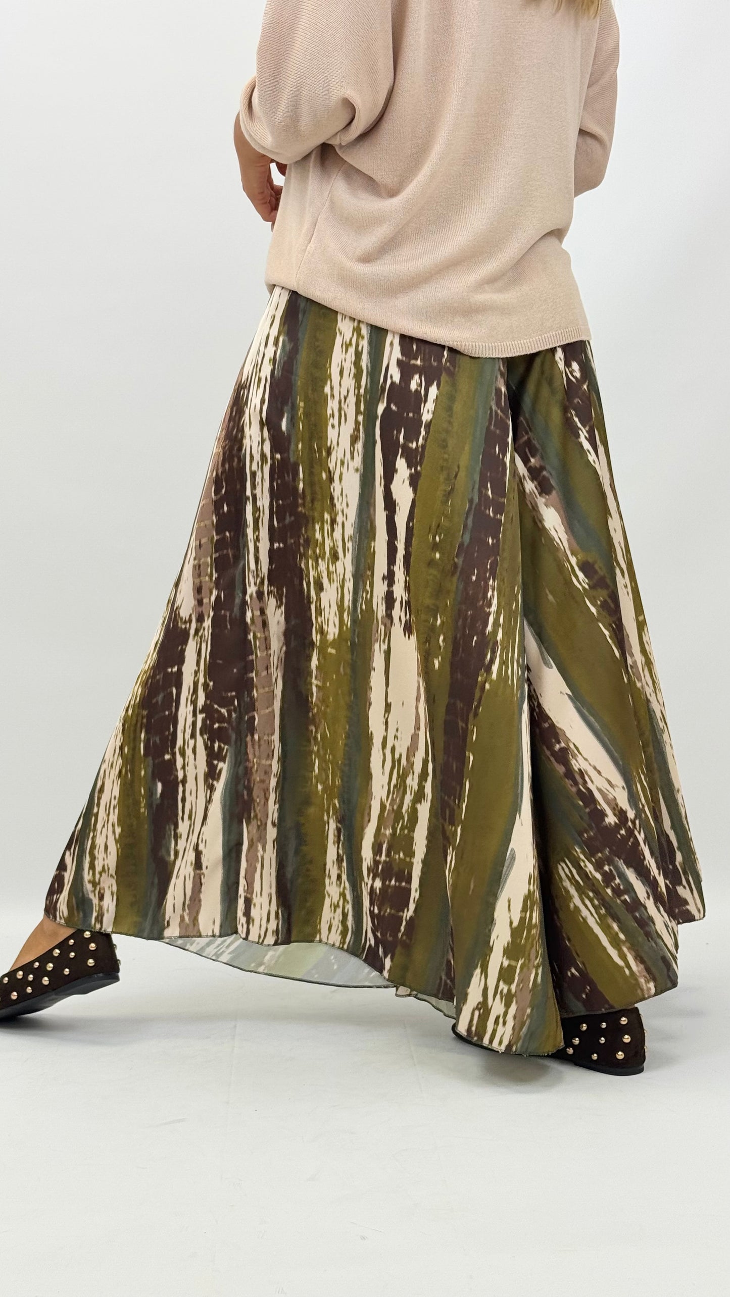 Saia-calça estampado abstrato tons verde e castanho
