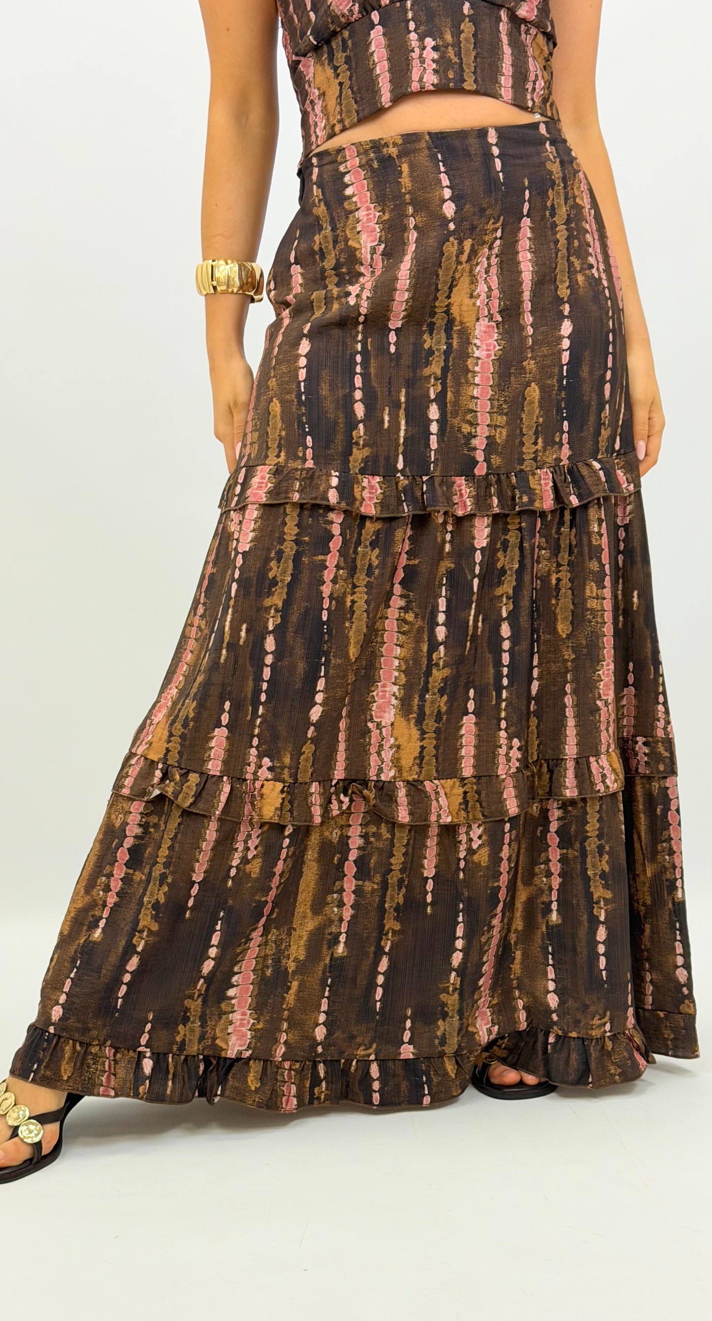 Saia comprida estampado abstrato tons terra