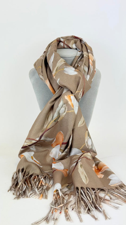 Écharpe fundo bege desenhos florais