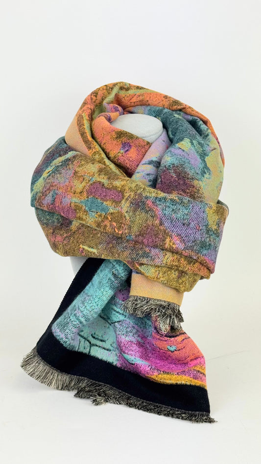 Écharpe quente e macia estampado tons lilás, turquesa, preto