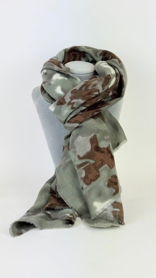 Écharpe estampado abstrato tons verde-seco e castanho