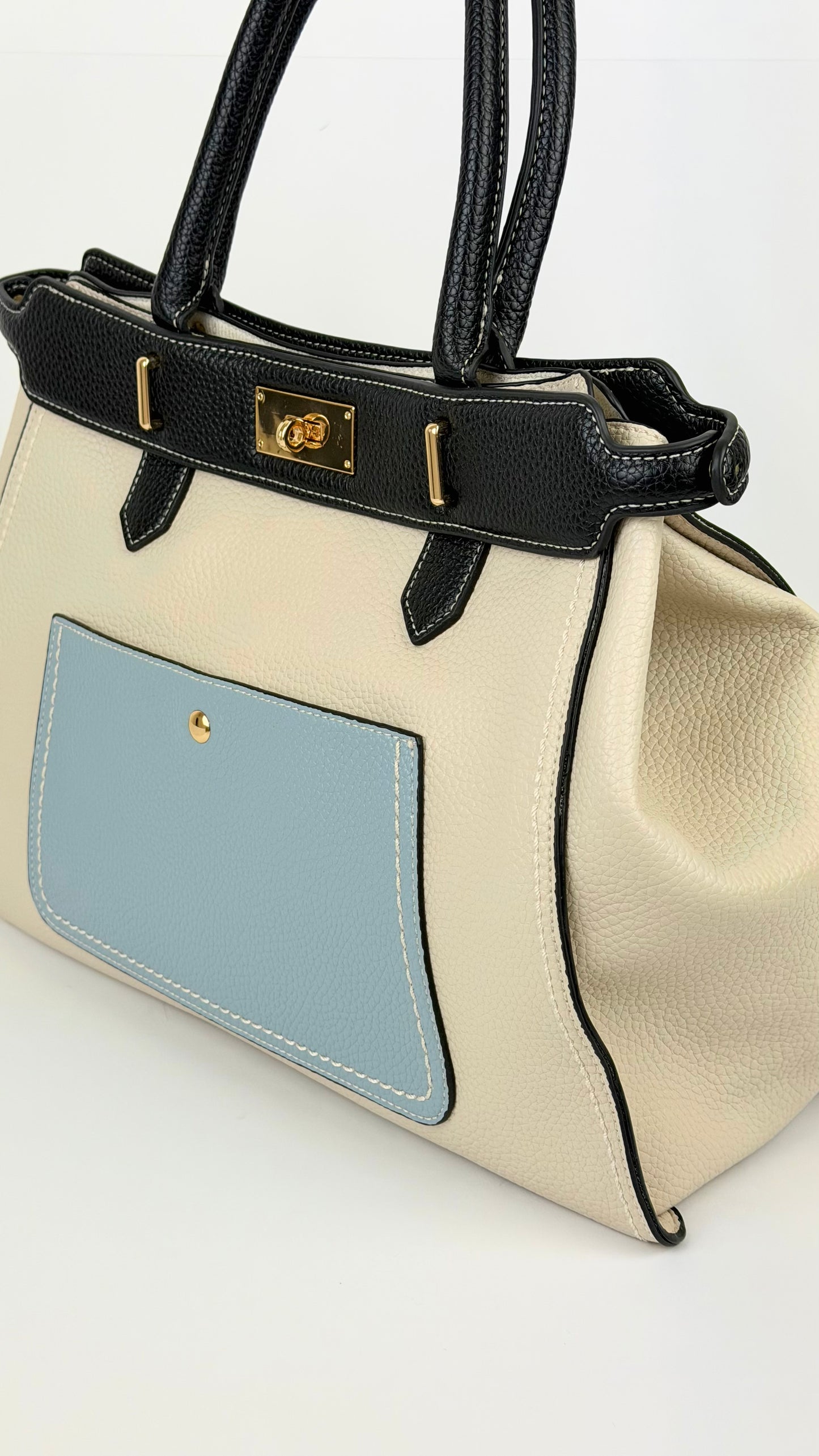 Carteira eco-pele creme com detalhes azuis