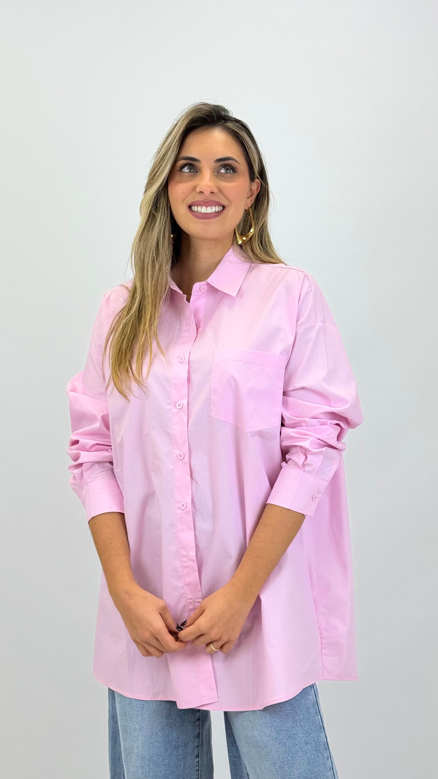 Camisa algodão comprida rosa