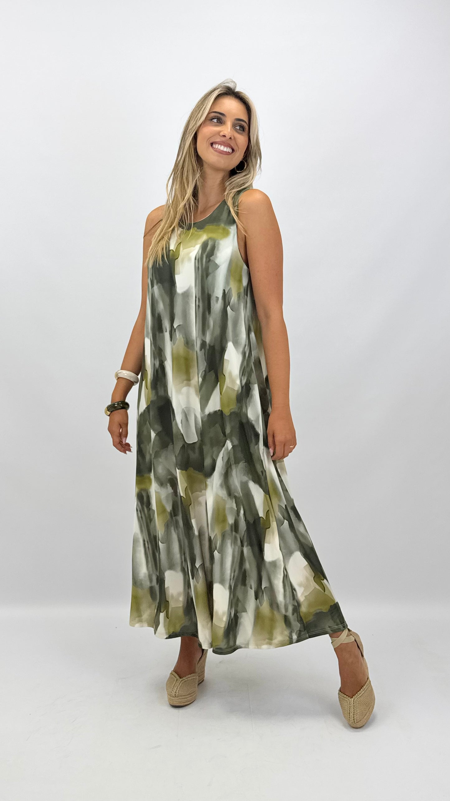 Vestido malha-fria pinceladas tons verde