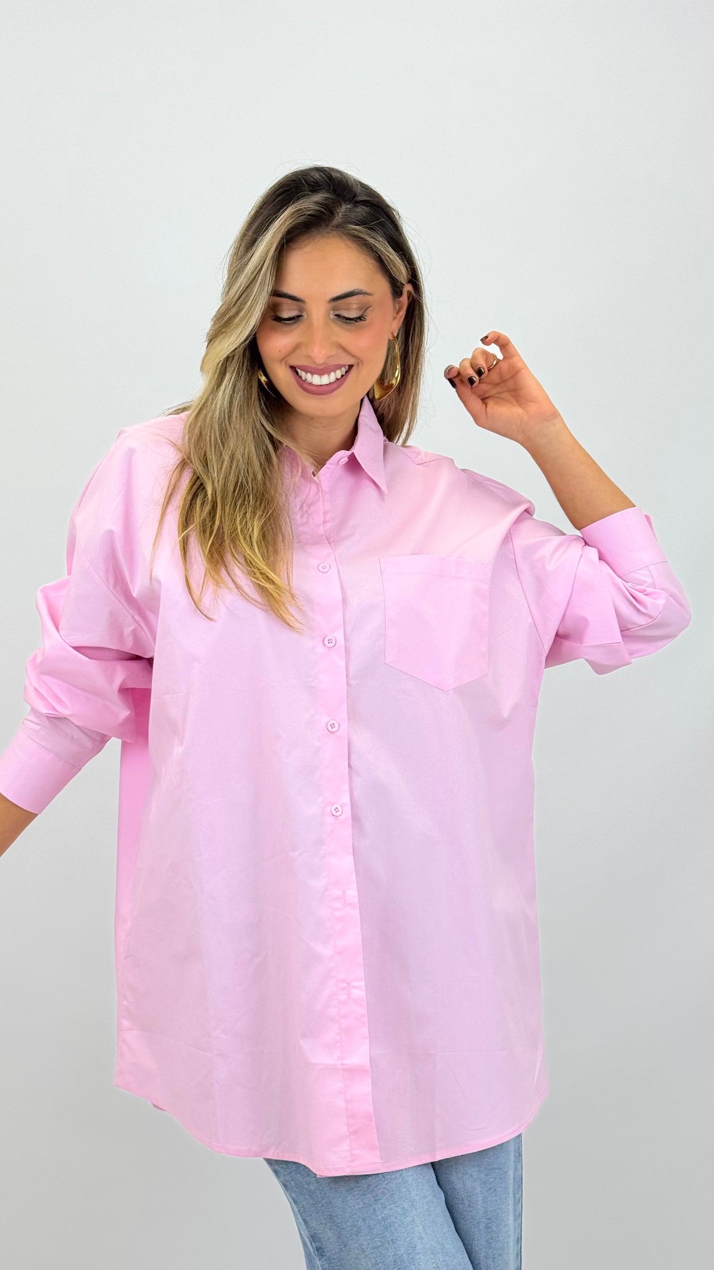 Camisa algodão comprida rosa
