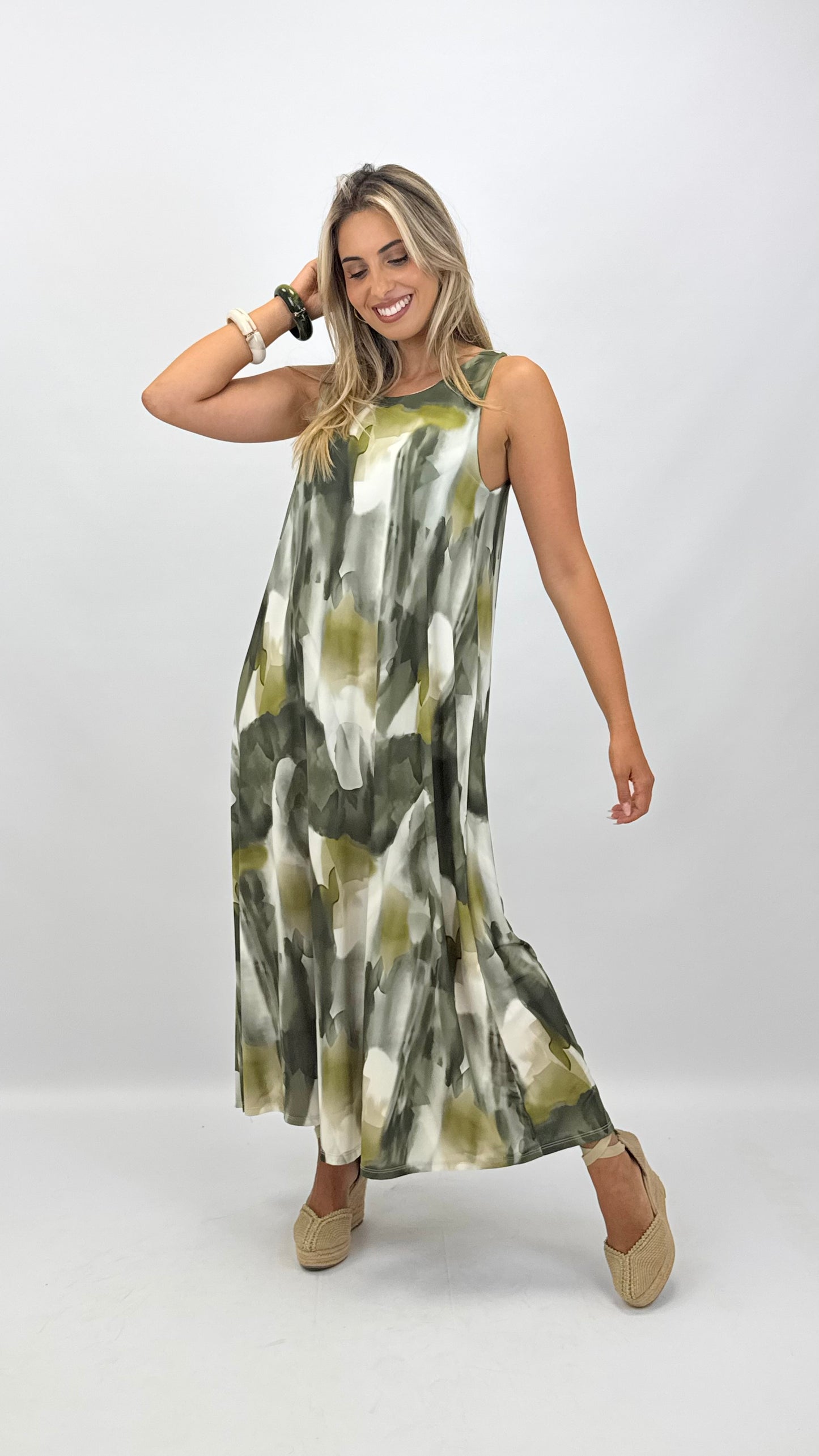 Vestido malha-fria pinceladas tons verde