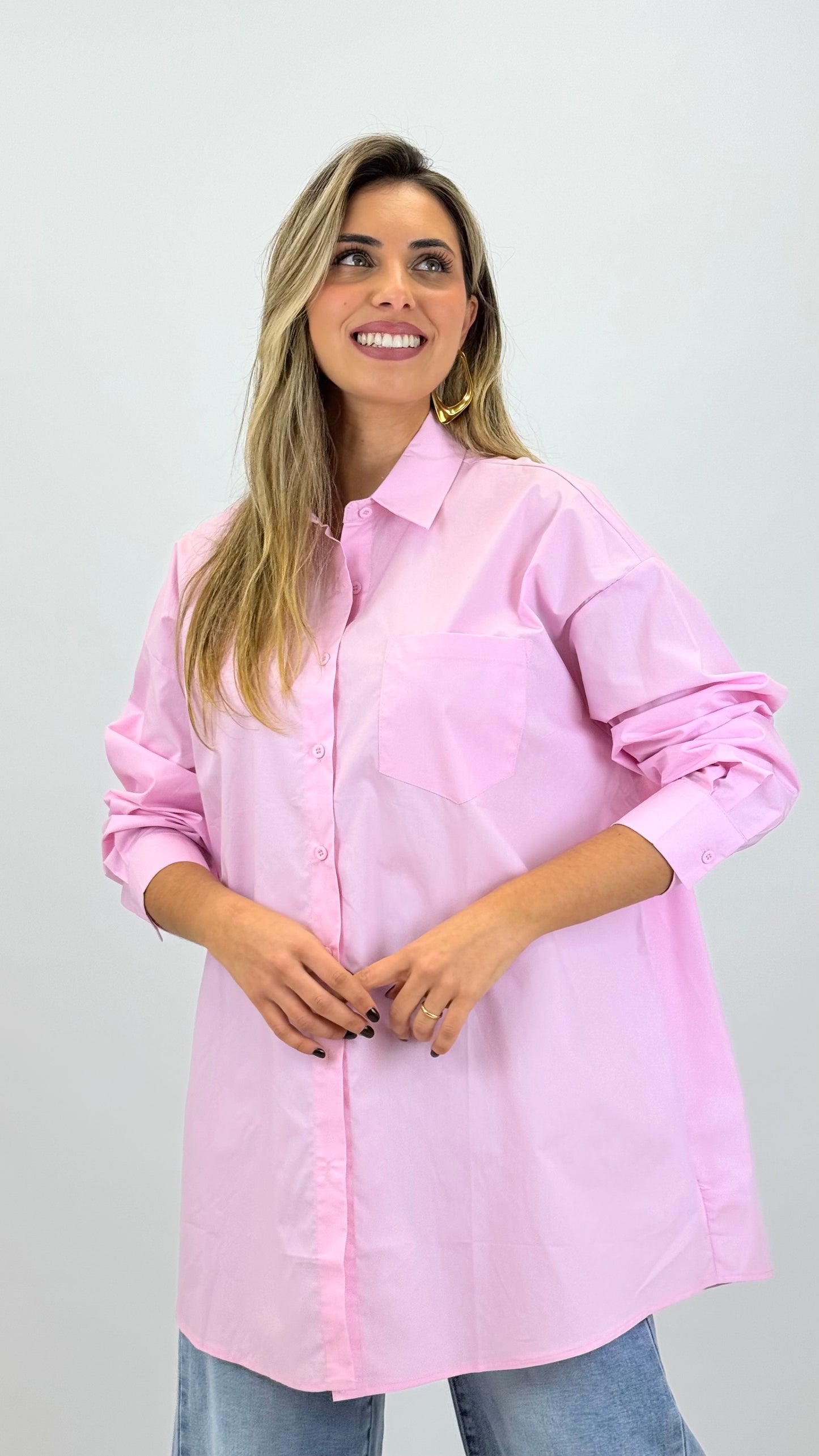 Camisa algodão comprida rosa
