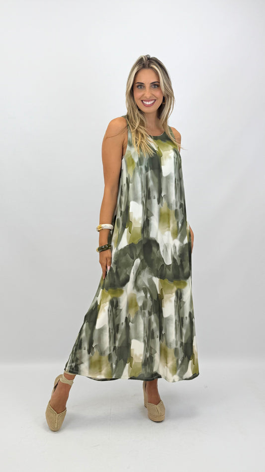Vestido malha-fria pinceladas tons verde