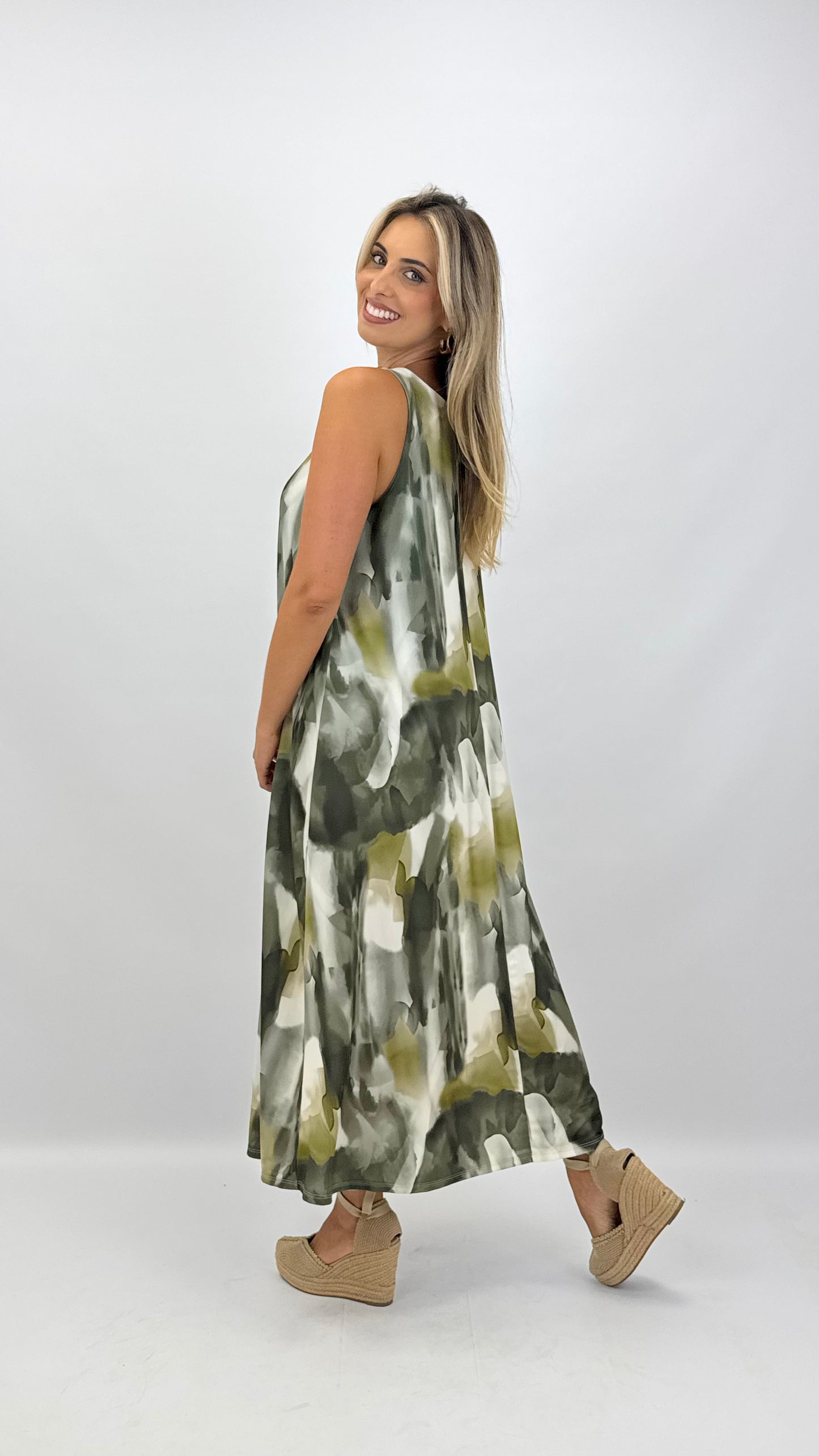 Vestido malha-fria pinceladas tons verde