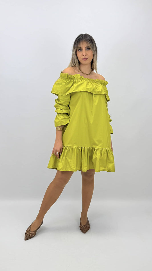 Vestido curto com folhos verde-lima