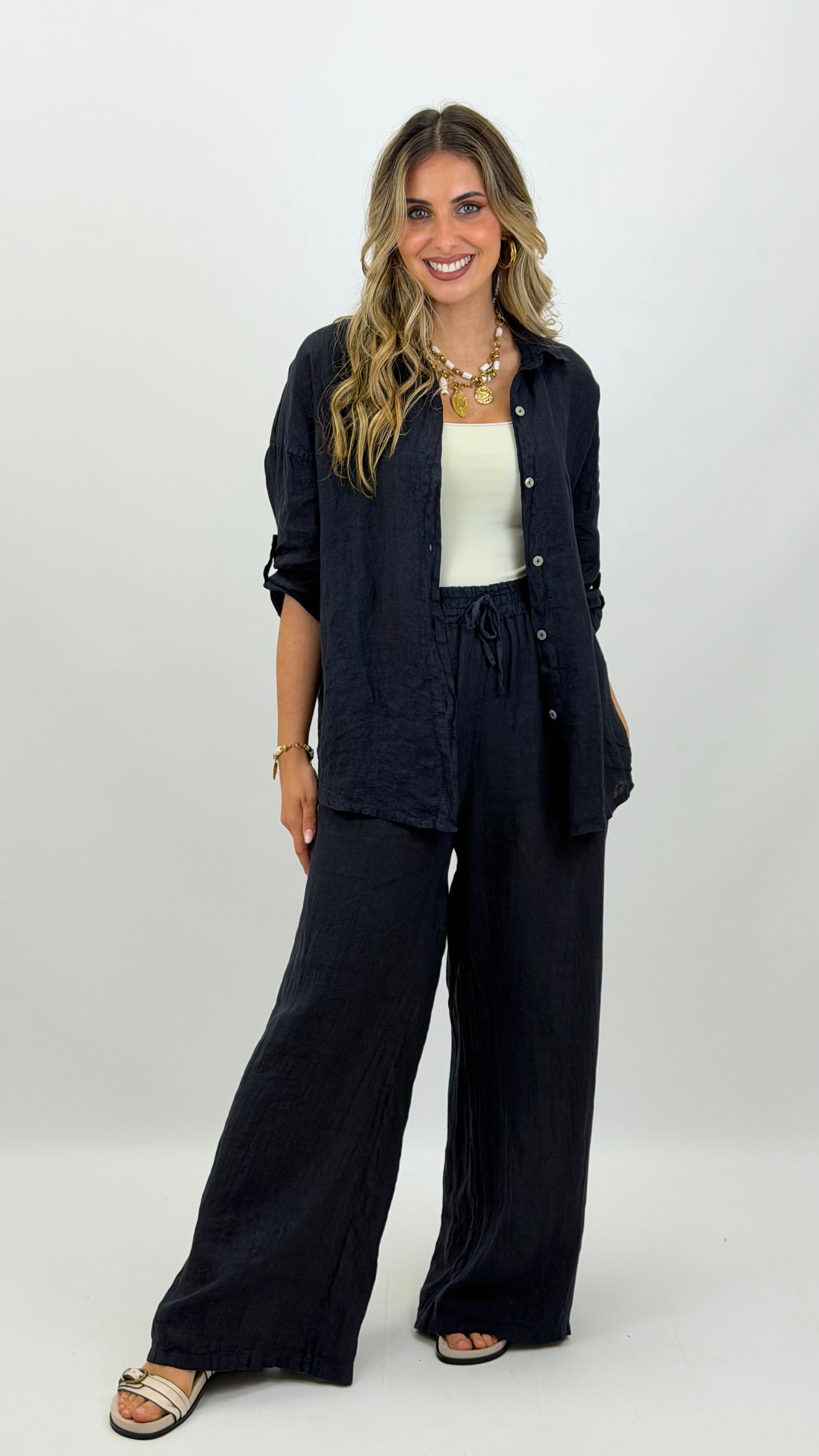 Calça linho azul-marinho
