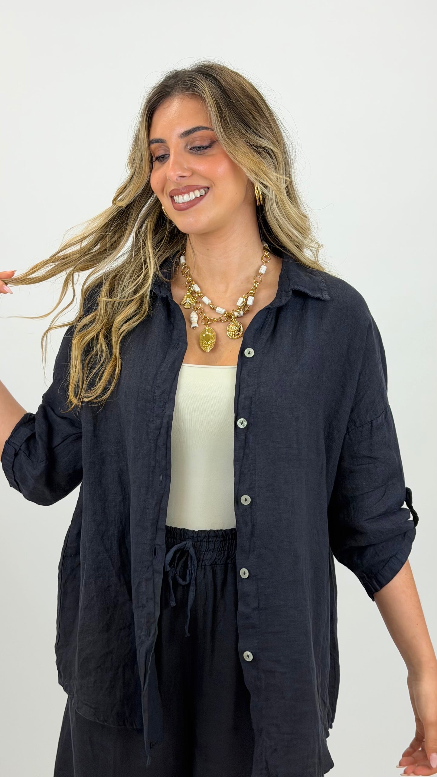 Camisa linho azul-marinho