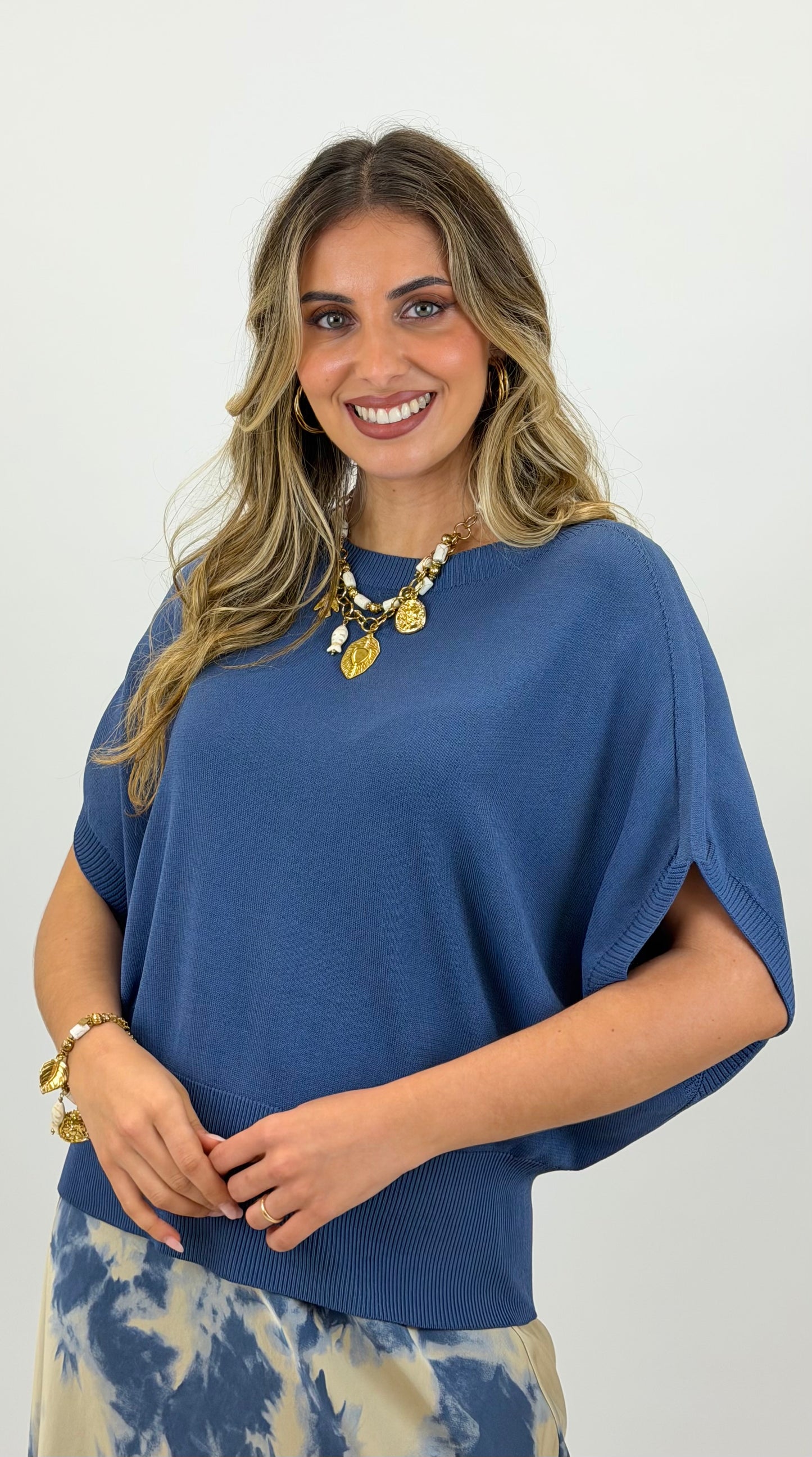 Camisola malha manga-curta azul-inglês
