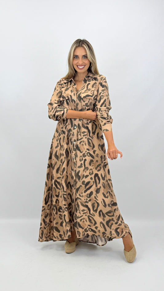 Vestido camiseiro animal-print fundo camel