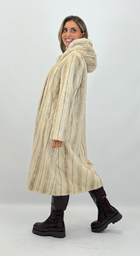 Casaco comprido pêlo sintético riscado pérola/bege