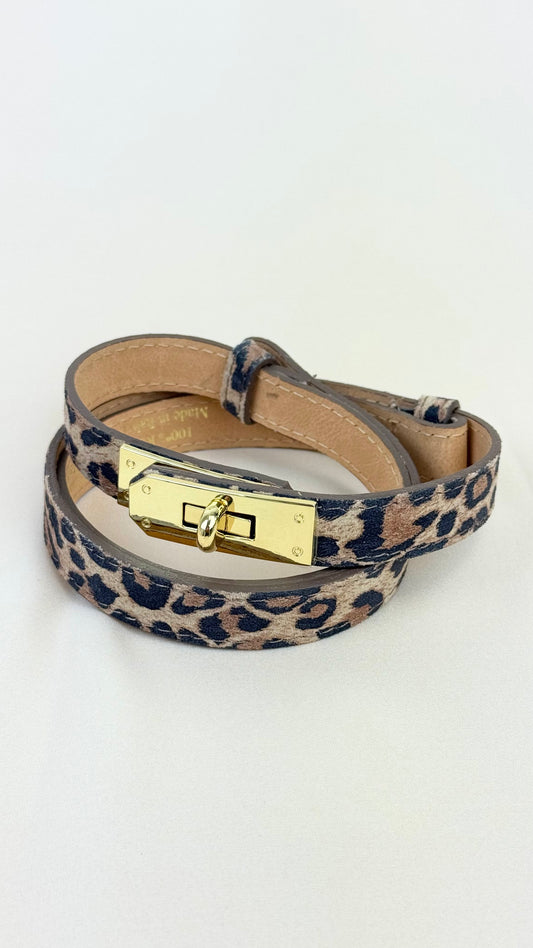 Cinto em pele genuína ajustável leopardo claro
