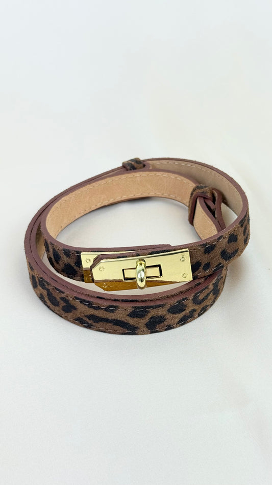 Cinto em pele genuína ajustável leopardo escuro