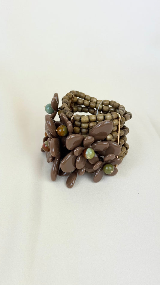 Pulseira elastica castanha com flores relevo