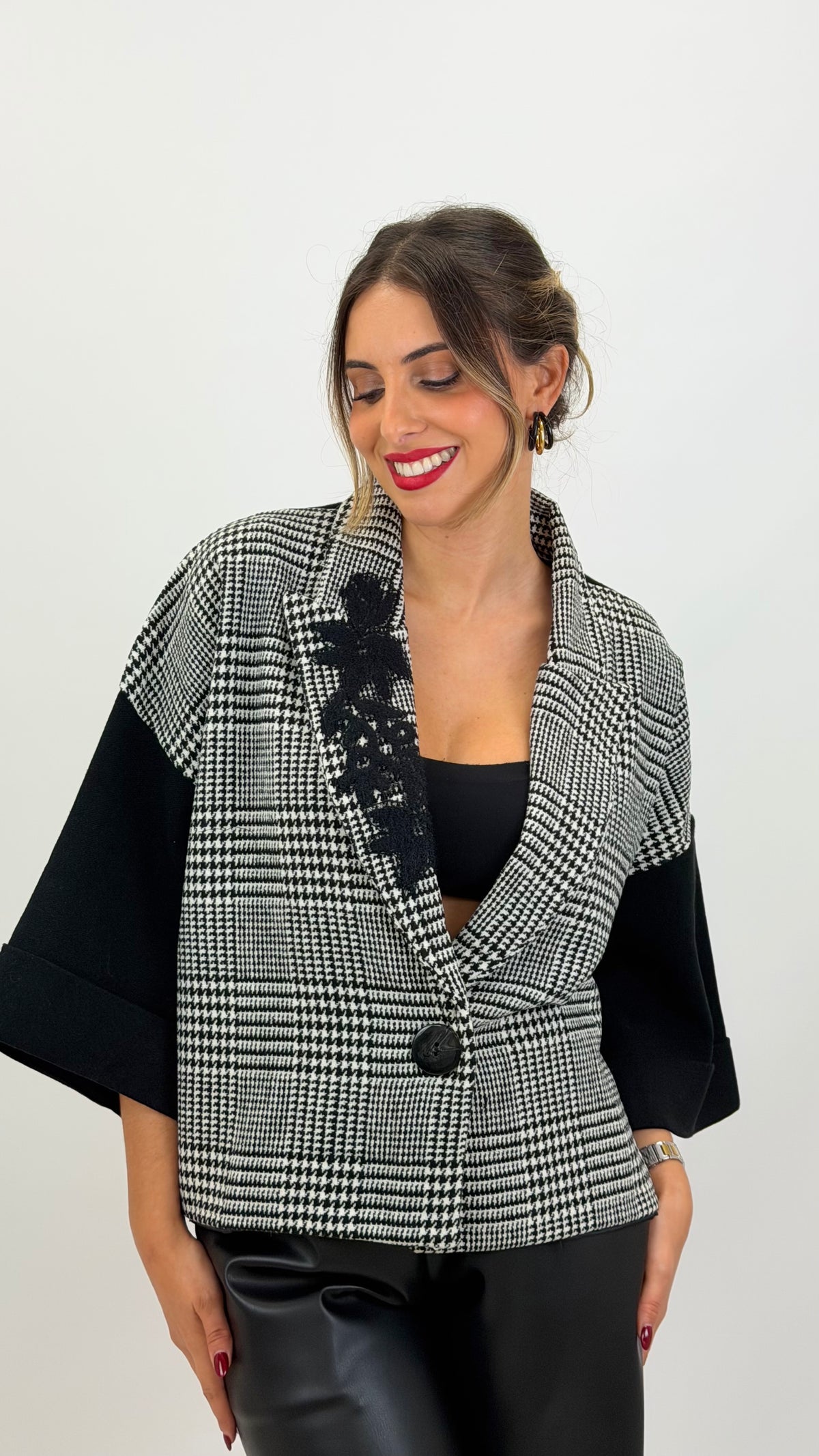 Casaco malha pied-de-poule preto e branco