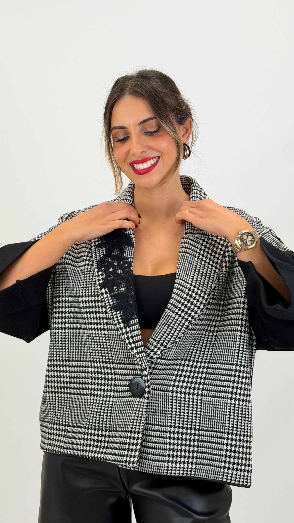 Casaco malha pied-de-poule preto e branco