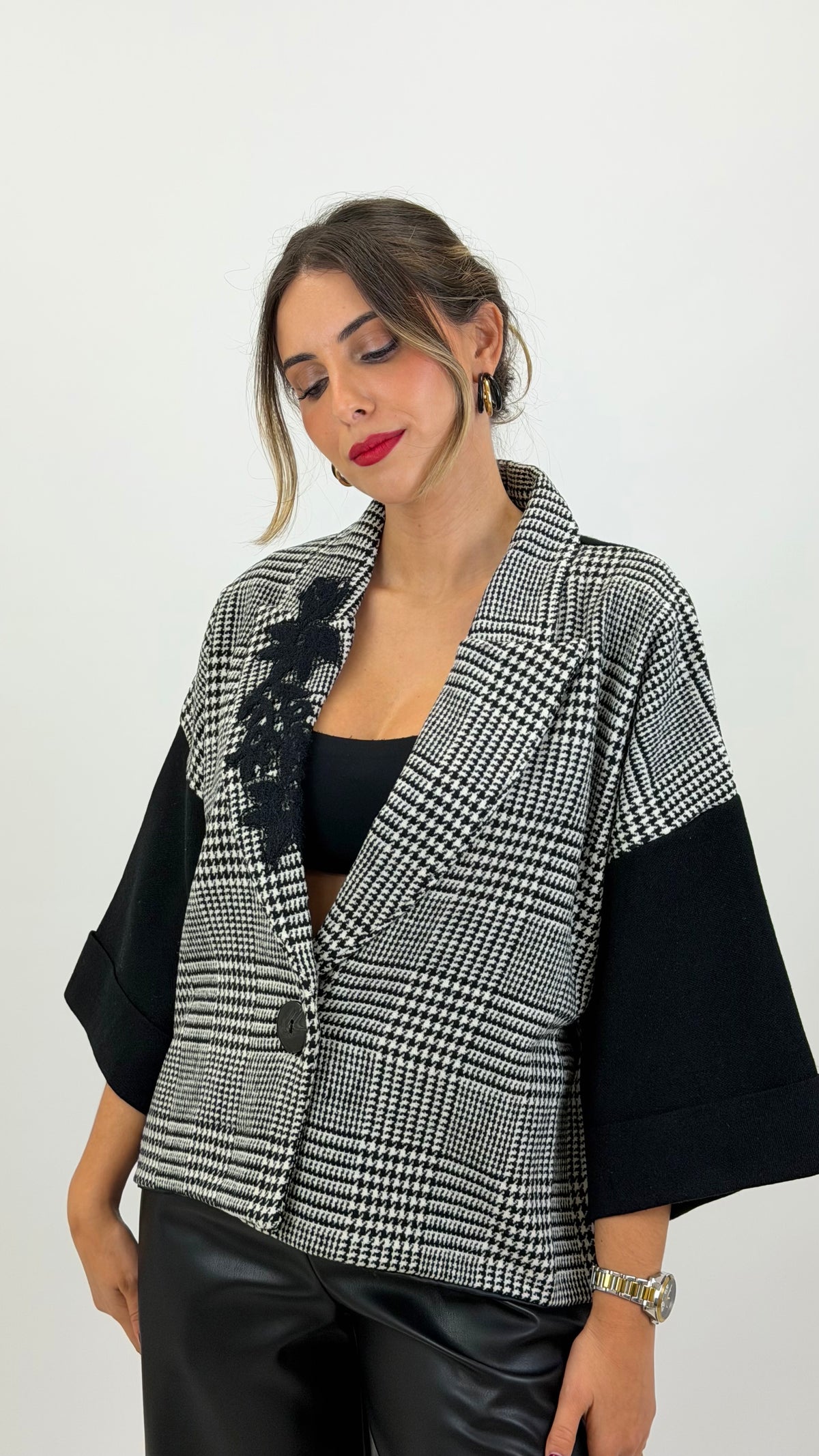 Casaco malha pied-de-poule preto e branco