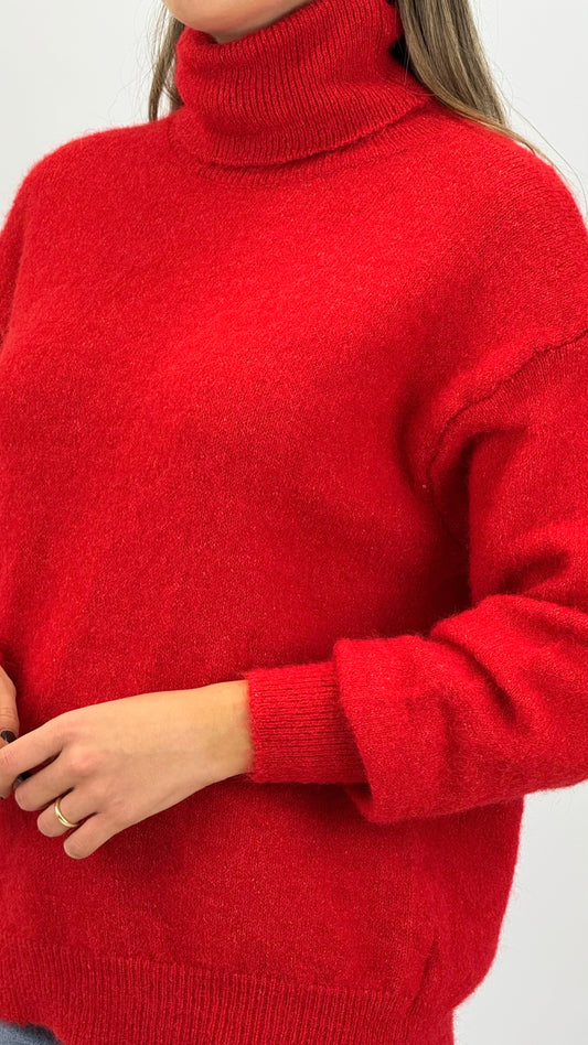 Camisola gola-alta em lã vermelho