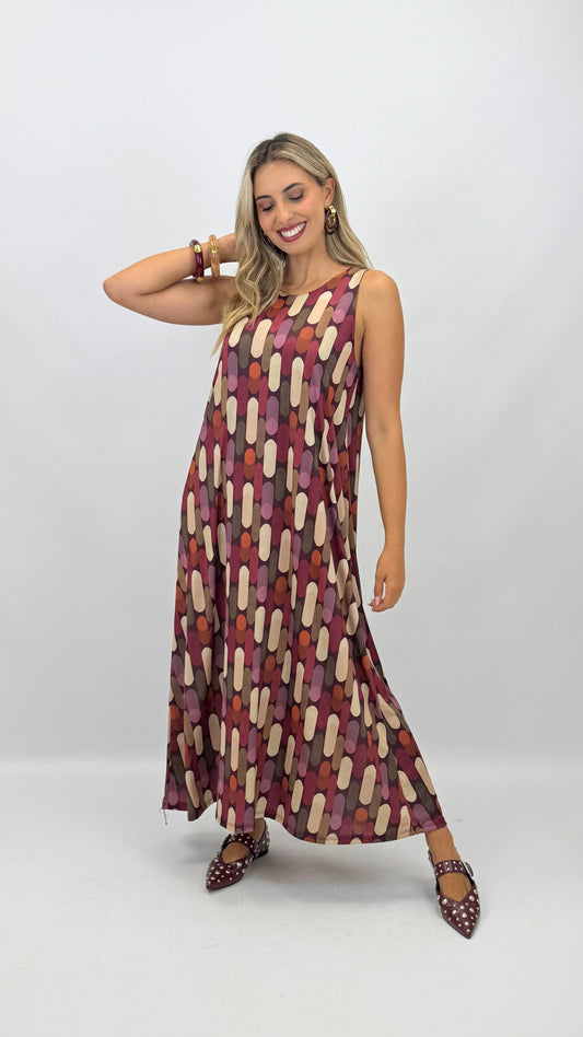 Vestido malha-fria tons bordeaux e telha