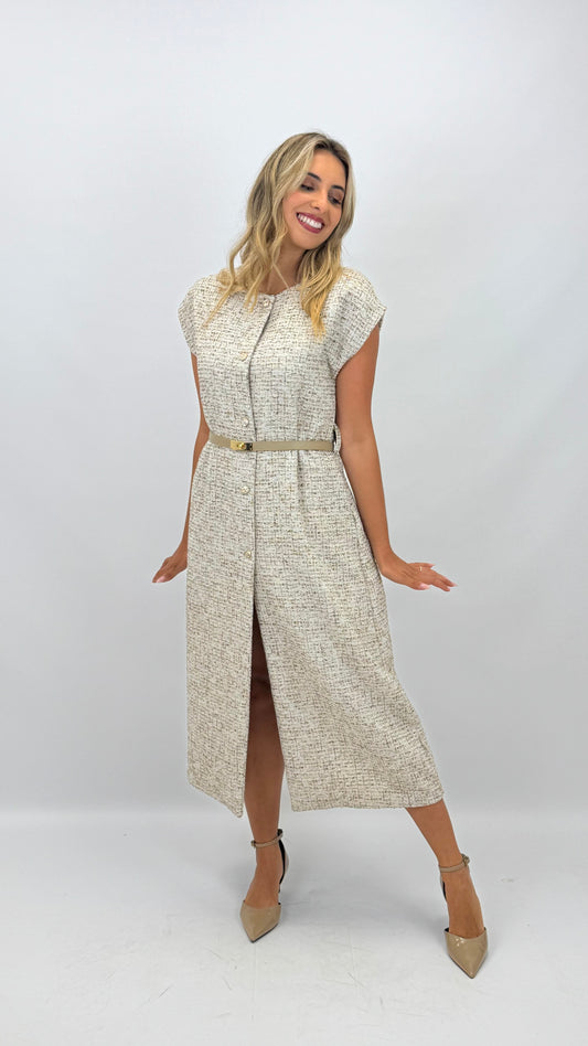 Vestido midi tweed com botões dourados