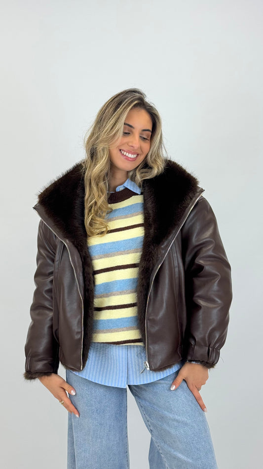Blusão eco-pele reversível com pêlo castanho