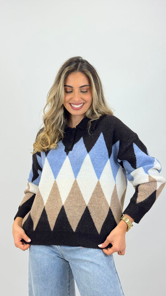 Camisola malha losangos castanho, camel, pérola e azul