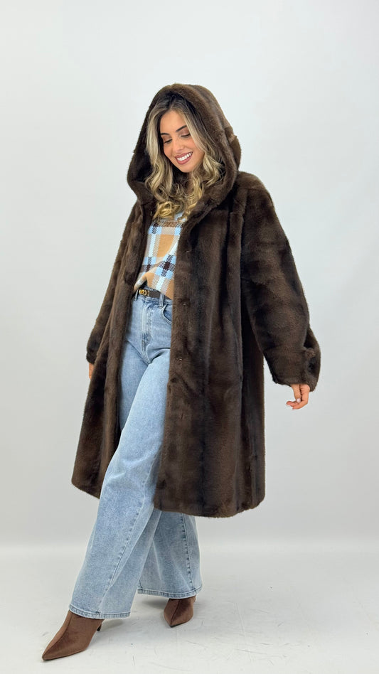 Casaco pêlo sintético riscado castanho-chocolate