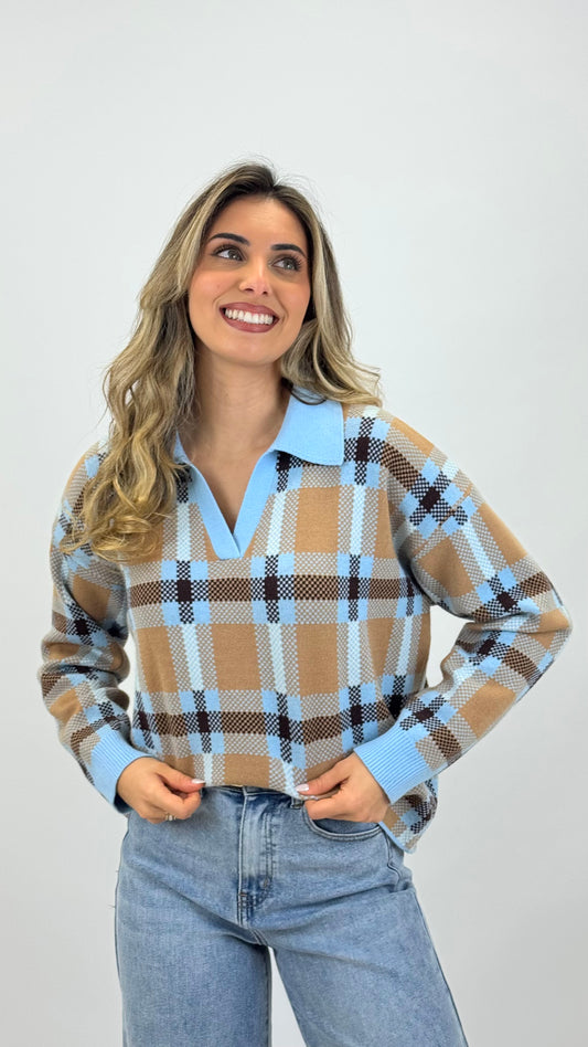 Polo malha xadrez camel, azul-bebé e castanho