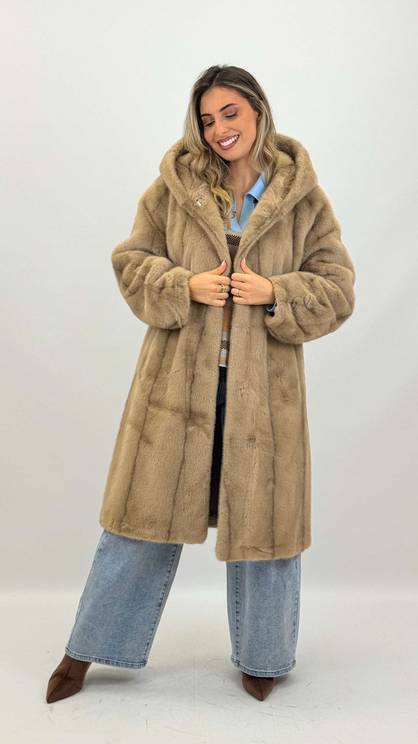 Casaco pêlo sintético riscado bege/camel