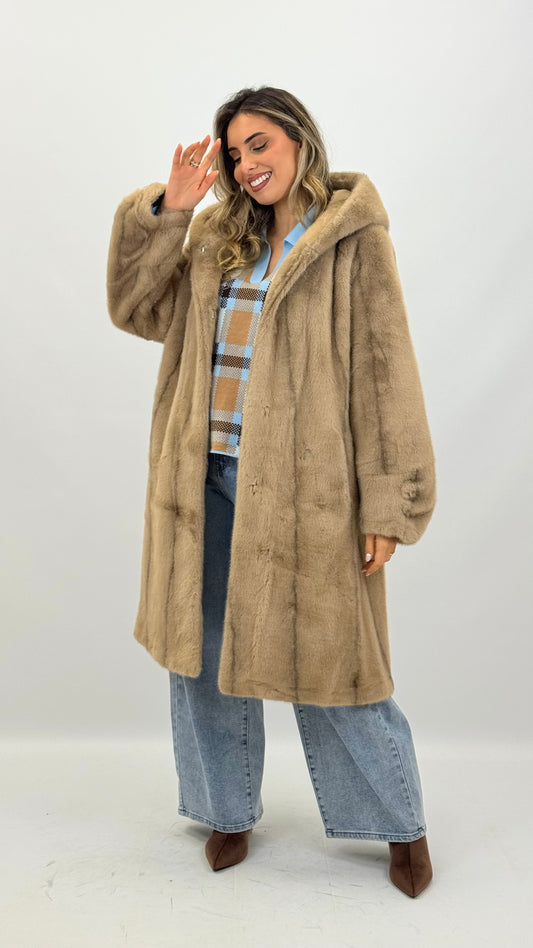 Casaco pêlo sintético riscado bege/camel