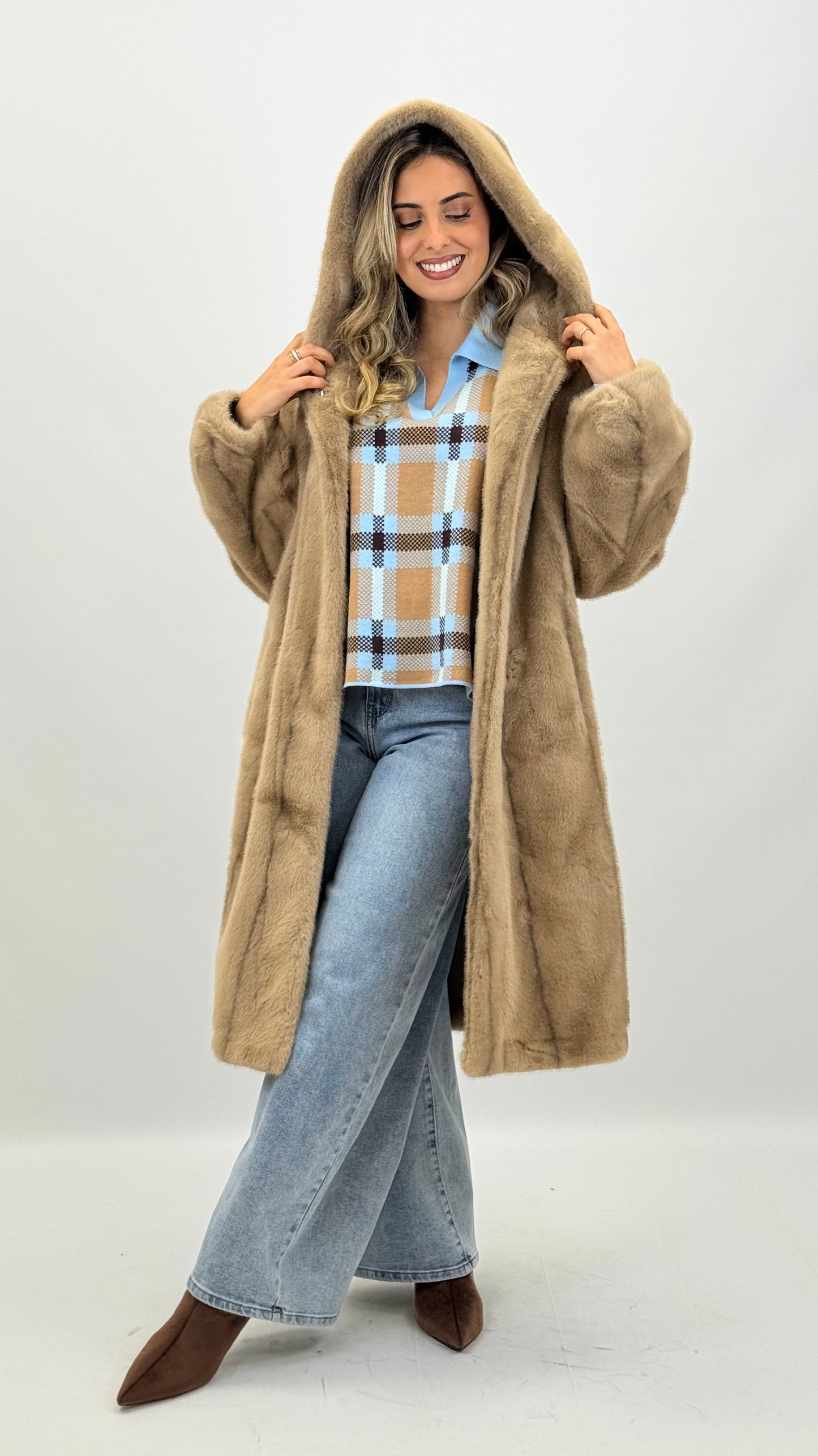 Casaco pêlo sintético riscado bege/camel