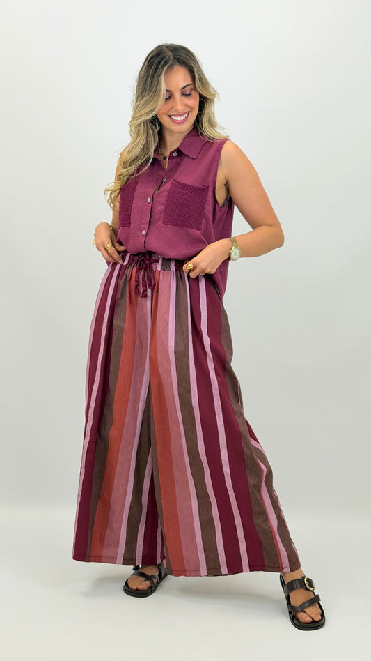 Pantalona estilo cullote riscas tons rosa e buganvilia