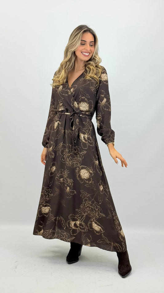 Vestido midi castanho estampado floral
